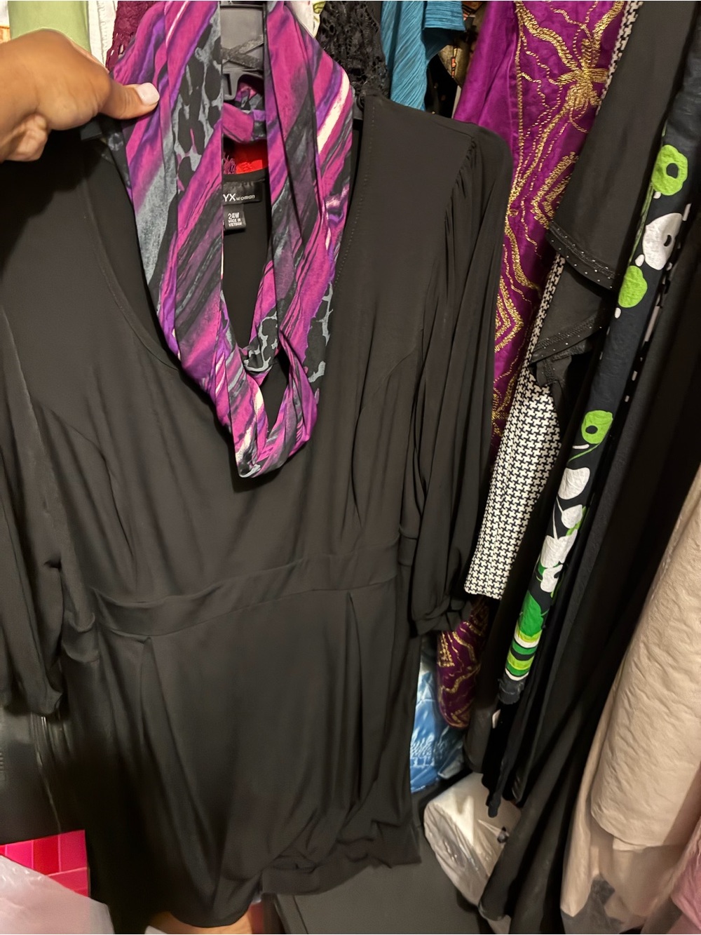 Black V-Neck Women’s Dress with Pink Accent Scarf